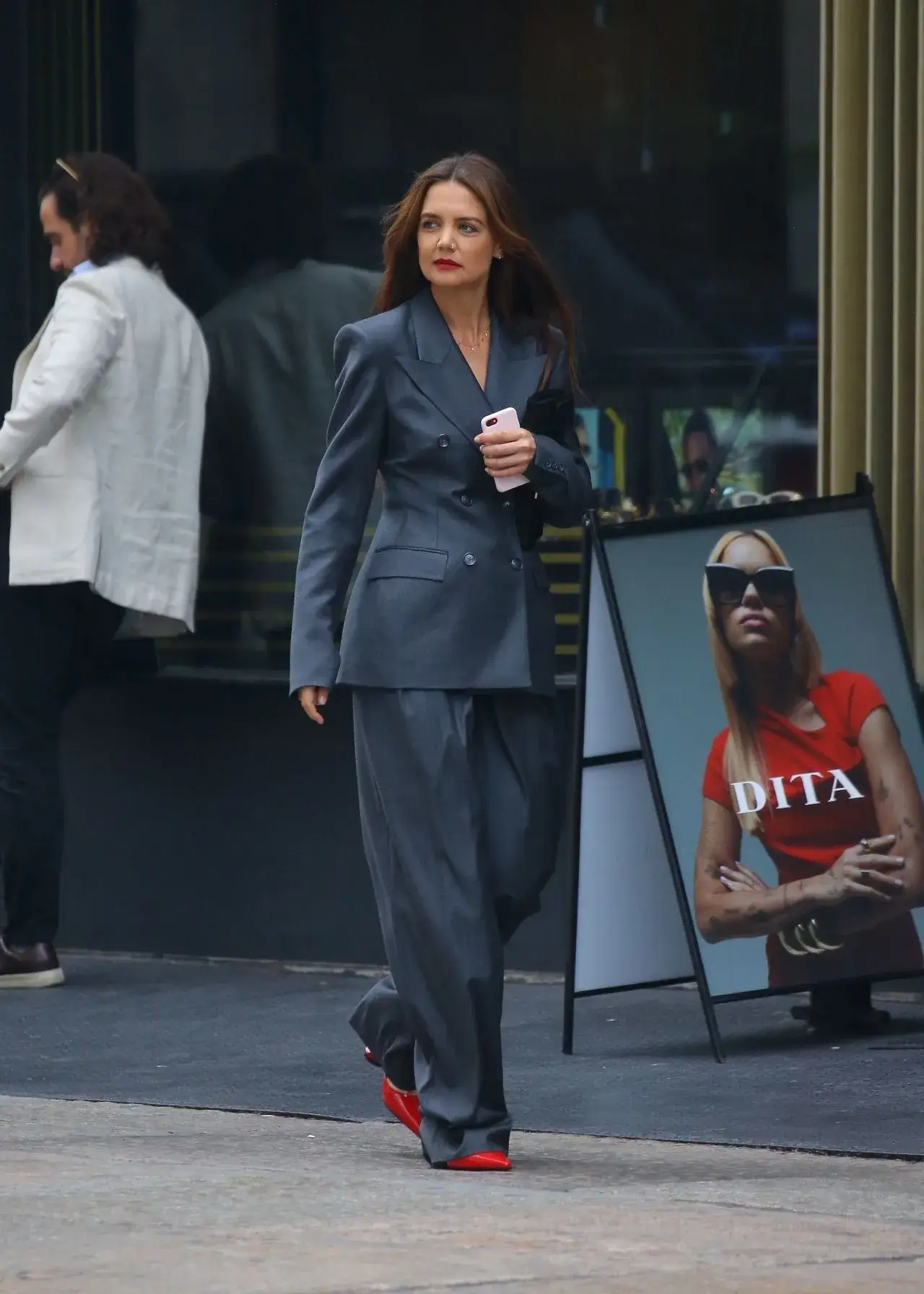 American actress Katie Holmes Looks Beautiful in Blue Coat Pant